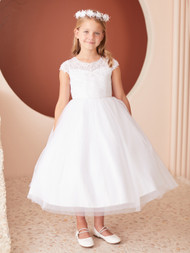 Illusion Neckline Communion Dress with Asymmetrical Ruched Bodice