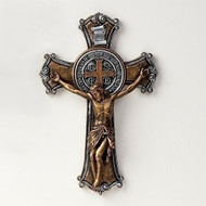 10.25" Two Toned Benedict Wall Crucifix. Resin/Stone Mix. 10.25"H x 1.5"W x 6.75"D

 