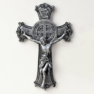 10.25" Silver tone Benedict Wall Crucifix. Resin/Stone Mix. 10.25"H x 6.75"W x 1.5"D