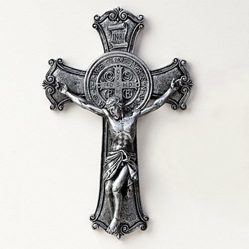 Saint Benedict Silvertone Wall Crucifix - St. Jude Shop, Inc.