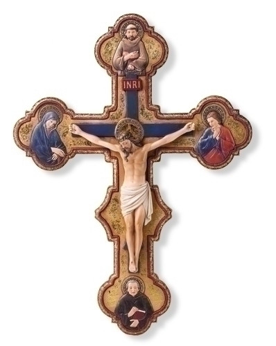14.5" Master of the Orcagnesque Misericordia Crucifix. Materials: Resin/Stone Mix. Dimensions: 14.5"H 10.75"W 1.5"D. The creator of this striking crucifix was a gifted follower of Orcagna, the greatest Florentine painter of the middle years of the 14th century.. This is one of this anonymous master's earliest work.  The original crucifix can be viewed at the Metropolitan Museum of Art