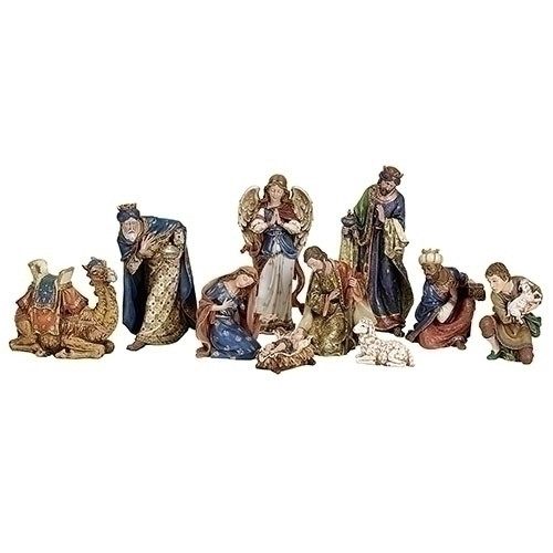 10 Piece Ornate Nativity  ~ Delicately painted 4" to 19.5" ornate figures made of a  resin/stone mix.  Ten piece set includes Baby Jesus, Blessed Mother, St Joseph, the Adoring Angel , the 3 Wisemen, Sheherd Boy, Sheep and Camel.