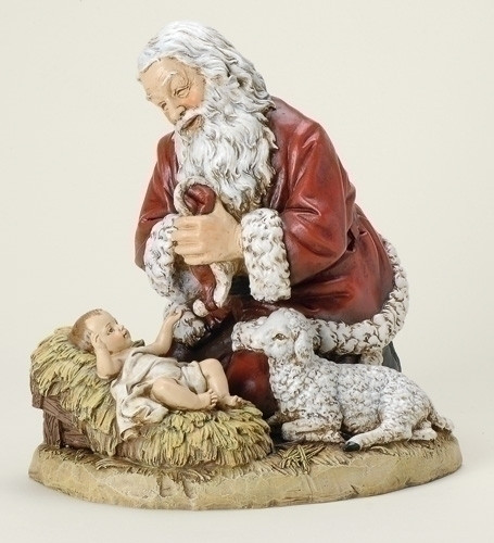 Kneeling Santa with Lamb Figure. Resin/Stone Mix.  Dimensions: 8"H x 8.75"W x 6.75"D 