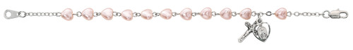 Youth 6x6mm Pink Glass Pearl Heart Bracelet. Pink Glass Heart Shaped Bead Bracelet has a  Silver Oxidised Crucifix and a Pierced Heart Miraculous Medal. Dimension: 6.5" length

