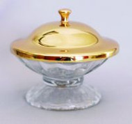 3" diameter Glass Cut bowl. Brass lid with gilded lacquered finished lid. 4-1/2" total height


