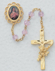 Saint Therese 7 Millimeter Rose Beads Rosary. Gold Plated Pewter Crucifix (with bouquet of roses draped) and Centerpiece (St. Therese's picture). Deluxe Gift Box Included

