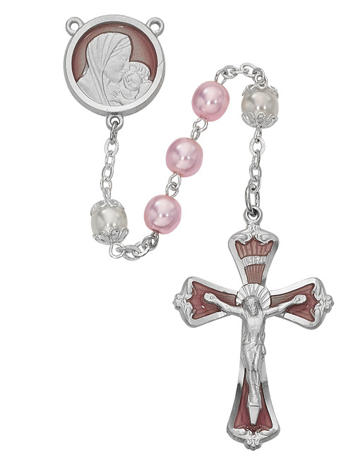 7 Millimeter Pink Pearl Rosary with Enameled Rhodium Center and Crucifix. Deluxe Gift Box Included