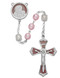 7 Millimeter Pink Pearl Rosary with Enameled Rhodium Center and Crucifix. Deluxe Gift Box Included