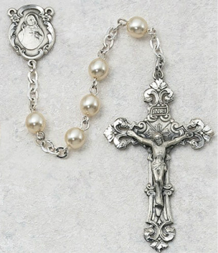 6mm Pearl Glass Rosary. Sterling Silver or Silver Oxidised Center and Crucifix. Deluxe Gift Box Included