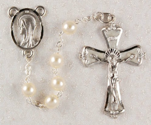 6 Millimeter Pearl Rosary
Rhodium Crucifix and Center(Blessed Mother) 
Enameled Crucifix 
Deluxe Gift Box Included 
Prices are subject to change without notice