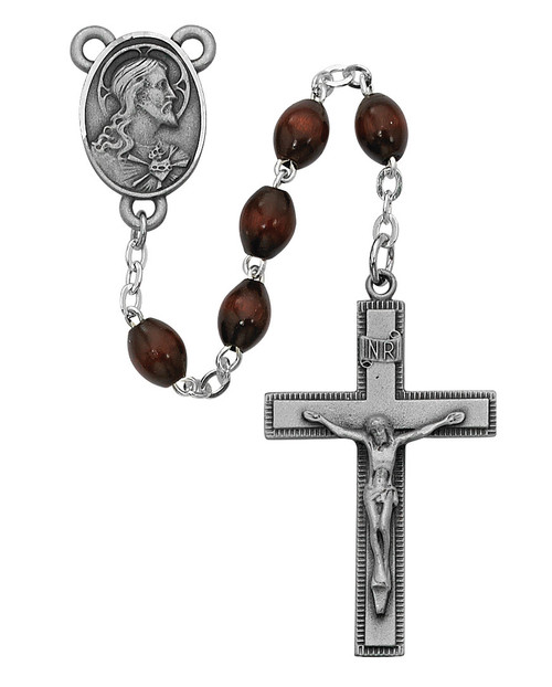 4 x 6 Millimeter Brown Wood Rosary. Pewter Crucifix and Sacred Heart of Jesus Center. Deluxe Gift Box Included

