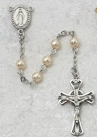 3mm Pearl Rosary in Sterling Silver or Pewter with a Miraculous Medal Center