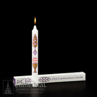"Body of Christ" Candle is decorated with the communion symbols: wheat, grapes, host and chalice. Each candle is individually boxed with provision for record of ceremony. 7/8" x 8" ~  Single Candle or 24 per case