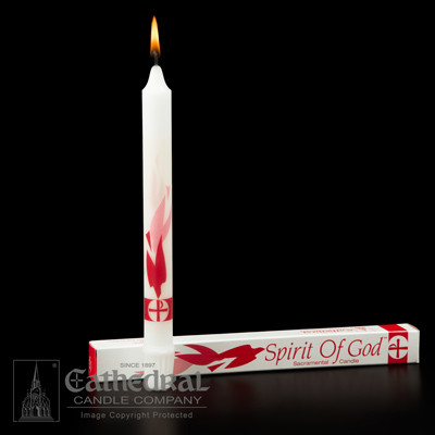 "Spirit of God" candle is ideally suited for use during Confirmation, Adult Initiation, and Reconciliation services. Each "Spirit of God" candle is individually boxed with provision for record of ceremony or a lasting keepsake and reminder of the Lord's presence. 7/8" x 10-1/4" 