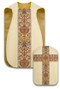 Roman chasuble in the traditional "fiddle-back" style. Made in Dupion fabric, knotted yard dyed fabric. Adorned with orphreys in Regina, a multicolored brocade. Available in white, beige, red, dark red,  dark green and purple.   These items are imported from Europe. Please supply your Institution’s Federal ID # as to avoid an import tax.  Please allow 3-4 weeks for delivery if item is not in stock.
