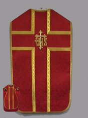 Roman chasuble in the traditional "fiddle-back" style with an "IHS" embroidered in gold on the back. The price includes the chasuble stole, maniple, burse and chalice veil. These items are imported from Europe. Please supply your Institution’s Federal ID # as to avoid an import tax.  Please allow 3-4 weeks for delivery if item is not in stock.
