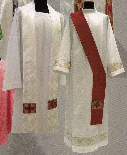 Deacon Stole and Overlay Stole 419- Deacon stole or overlay stole in Damask fabric (100% polyester). Color choices: Green, Purple, Red, Rose and White. These items are imported from Europe. Please supply your Institution’s Federal ID # as to avoid an import tax. Please allow 3-4 weeks for delivery if item is not in stock.


