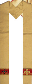 Overlay Stole is pictured here. Deacon Stole is made of Lame' Oro Material. 40% Polyester, 35% Wool, 25% Gold Thread. Also Available: Matching Chasuble, Stole, Dalmatic,  Humeral Veil and Cope. These items are imported from Europe. Please supply your Institution’s Federal ID # as to avoid an import tax. Please allow 3-4 weeks for delivery if item is not in stock