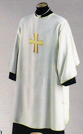 Dalmatic with Plain Neckline ~ Embroidered Cross on Front Only. Inside Stole. Primavera (100% Polyester). Available in five colors: White, Red, Green, and Purple. Also Available: Chasuble(in Primavera Fabric or Pure Italian Silk), Overlay Stole, and Deacon Stole. These items are imported from Europe. Please supply your Institution’s Federal ID # as to avoid an import tax.  Please allow 3-4 weeks for delivery if item is not in stock