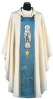 Square Collar Chasuble. Pura Lana Fabric (100% Pure Wool). Gold and Silk Embroidered Panel. On the Back Side: Marian Symbol with Star. Inside Stole. These items are imported from Europe. Please supply your Institution’s Federal ID # as to avoid an import tax. Please allow 3-4 weeks for delivery if item is not in stock. 

 