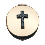 Polished Brass Pyx with Crucifix ~ Available in two sizes:
Size 1- Holds 6-9" Host, 1 1/2" Diameter, 1/2" Deep.
Size 2- Holds 12-15 Host, 2 1/8" Diameter, 1/2" Deep