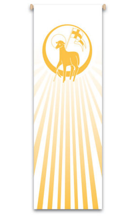 7311 Long- The Lamb of God banner creates a warm atmosphere, inspiring peace, quiet and prayer. In Raytex DM, 100% man-made. Large Banner measures 9-7/8 X 3-1/4 feet.   Finished at top with open hem; with wooden rod, two wooden apples and hanging cord Metal dowel at bottom incorporated into hem. These items are imported from Europe. Please supply your Institution’s Federal ID # as to avoid an import tax.  Please allow 3-4 weeks for delivery if item is not in stock.