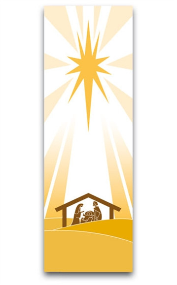 Christmas Banner ~ creates a warm atmosphere, inspiring peace, quiet and prayer

Banners are made in Raytex DM, 100% man-made. Large Size: 9-7/8 X 3-1/4 feet. Small Size: 48" x 24"

Finished at top with open hem; with wooden rod, two wooden apples and hanging cord. Metal dowel at bottom incorporated into hem. These items are imported from Europe. Please supply your Institution’s Federal ID # as to avoid an import tax.  Please allow 3-4 weeks for delivery if item is not in stock.