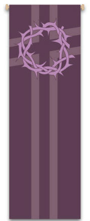 Crown of Thorns Banner ~ creates a warm atmosphere, inspiring peace, quiet and prayer. In Raytex DM, 100% man-made. Large Size: 9-7/8 X 3-1/4 feet. Finished at top with open hem; with wooden rod, two wooden apples and hanging cord. Metal dowel at bottom incorporated into hem. Also available in Roll Up Style. These items are imported from Europe. Please supply your Institution’s Federal ID # as to avoid an import tax.  Please allow 3-4 weeks for delivery if item is not in stock.