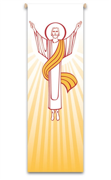 Resurrection Banner ~ creates a warm atmosphere, inspiring peace, quiet and prayer
In Raytex DM, 100% man-made.  Large Size: 9-7/8 X 3-1/4 feet
Finished at top with open hem; with wooden rod, two wooden apples and hanging cord
Metal dowel at bottom incorporated into hem.
These items are imported from Europe. Please supply your Institution’s Federal ID # as to avoid an import tax.  Please allow 3-4 weeks for delivery if item is not in stock.