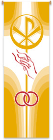 Wedding Banner ~ creates a warm atmosphere, inspiring peace, quiet and prayer
In Raytex DM, 100% man-made Large Size: 9-7/8 X 3-1/4 feet.  Finished at top with open hem; with wooden rod, two wooden apples and hanging cord. Metal dowel at bottom incorporated into hem.  These items are imported from Europe. Please supply your Institution’s Federal ID # as to avoid an import tax.  Please allow 3-4 weeks for delivery if item is not in stock.