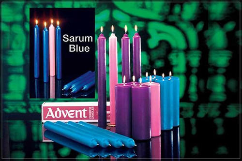 Long burning  pillar candles or taper Advent Candles. Made especially for church advent wreaths. 51% Beeswax or Stearine. 12" or 16" inch tapers or Stearine 8" or 12" pillars. Purple & Rose, Blue & Rose or Sarum Blue & Rose combination are available


