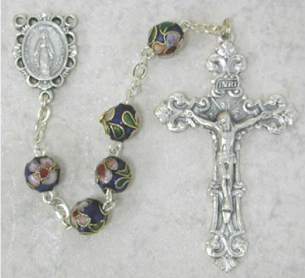 7 Millimeter Blue Real Cloisonne Rosary. Silver Oxidised Center and Crucifix. Deluxe Gift Box Included