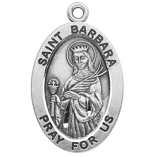 Patron Saint of Artillerymen and Military Defense ~ Sterling silver 7/8" oval medal with a 18" genuine rhodium plated chain. Medal comes in a deluxe velour gift box. Engraving option available.