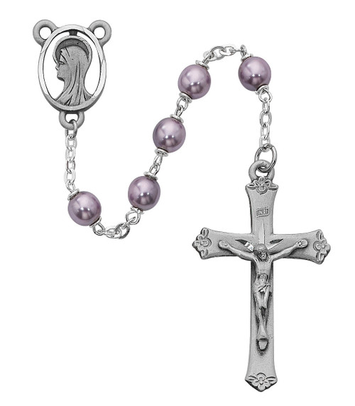 7mm Violet Pearl  Rosary. Silver Oxidised Crucifix and Center. Deluxe Gift Box Included
