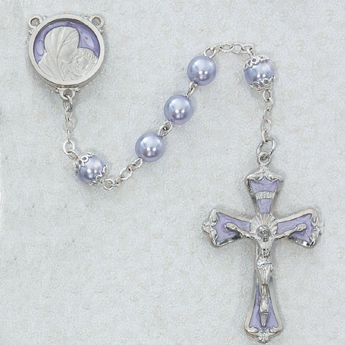 7 Millimeter Lavender Pearl Rosary 
Lavender Enameled Rhodium Cucifix and Center 
Deluxe Gift Box Included