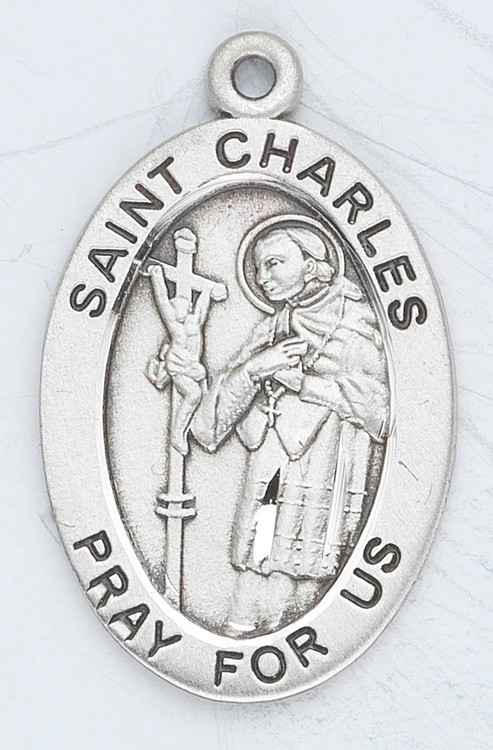 St. Charles of Borromeo is the Patron Saint of Seminarians, Learning and the Arts ~ Sterling silver, 7/8" oval medal with a 20" genuine rhodium plated chain. Medal comes in a deluxe velour gift box. Engraving option available.
