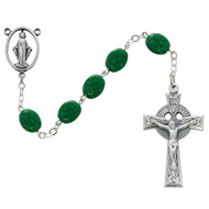 6 x 8 Millimeter Glass Oval Green Beads with Shamrock Rosary. Sterling Silver or Oxidized Miraculous Center and Celtic Crucifix. Deluxe Gift Box Included