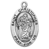 Sterling silver oval medal with a 20" genuine rhodium plated curb chain. Dimensions: 0.9" x 0.6" (22mm x 14mm). Weight of medal: 1.9 Grams. Medal comes in a deluxe velour gift box.  Made in the USA