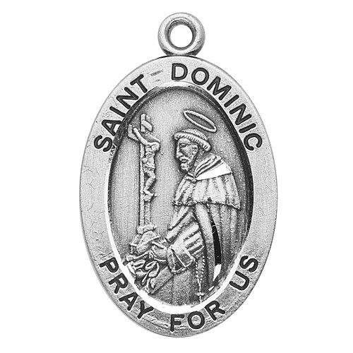 Patron Saint of Astronomers, Astronomy, Founder of the Dominican Order - Sterling silver 7/8" oval medal with a 20" genuine rhodium plated chain. Medal comes in a deluxe velour gift box. Engraving option available.