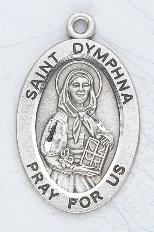 Saint Dymphna, St. Dymphna, Dymphna, Patron Saint of Mental Illnesses, mental illness.  Sterling silver 7/8" oval medal with a 18" genuine rhodium plated chain. Medal comes in a deluxe velour gift box. Engraving option available.