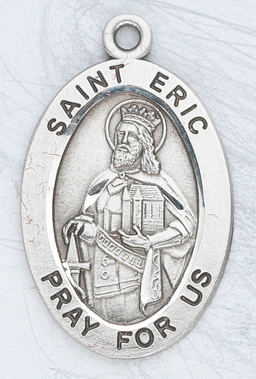 Patron Saint of Stockholm and Sweden- Sterling silver 7/8" oval medal with a 20" genuine rhodium plated chain. Medal comes in a deluxe velour gift box. Engraving option available.