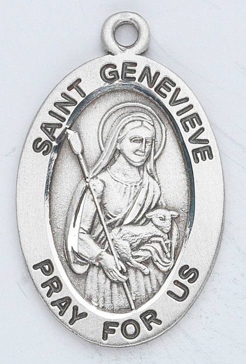 Patron Saint of natural disasters, Paris, and fevers. Sterling silver 7/8" oval medal with a 18" genuine rhodium plated chain. Medal comes in a deluxe velour gift box. Engraving option available.