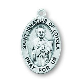 Patron Saint of Catholic soldiers and Jesuits. Sterling silver oval medal with a 20" genuine rhodium plated curb chain. Dimensions: 0.9" x 0.6" (22mm x 14mm). Weight of medal: 1.9 Grams. Medal comes in a deluxe velour gift box. Engraving option available. Made in the USA