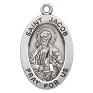 Sterling silver  7/8" oval medal with a 20" genuine rhodium plated chain.  Dimensions: 0.9" x 0.6" (22mm x 14mm).  Weight of medal: 1.9 Grams. Comes in a deluxe velour gift box. Engraving option available. Patron Saint of Travelers and Pilgrims