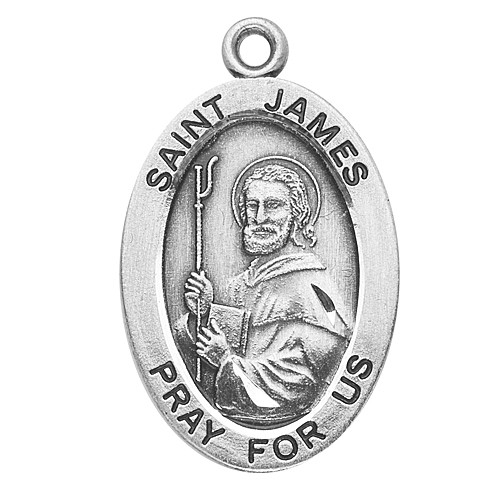 Sterling silver 7/8" oval medal with a 20" genuine rhodium plated chain. Dimensions: 0.9" x 0.6" (22mm x 14mm).  Weight of medal: 1.9 Grams.  Comes in a deluxe velour gift box. Engraving option available.
Patron Saint of Spain, James was one of only three called by Jesus to witness his Transfiguration and it is believed that he was the first disciple to be martyred.