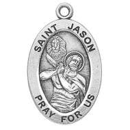 Sterling silver 7/8" oval St. Jason medal with a 20" genuine rhodium plated chain. Dimensions: 0.9" x 0.6" (22mm x 14mm).  Weight of medal: 1.9 Grams.  Comes in a deluxe velour gift box. Engraving option available.  Considered as one of the 72 Disciples of Joshua the Messiah (Jesus Christ) St. Jason is the Patron Saint of Converts