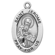 Sterling silver 7/8" oval medal with a 20" genuine rhodium plated chain.  Dimensions: 0.9" x 0.6" (22mm x 14mm).  Weight of medal: 1.9 Grams.  Comes in a deluxe velour gift box. Engraving option available.
He is the patron saint of translators, librarians and encyclopedists.