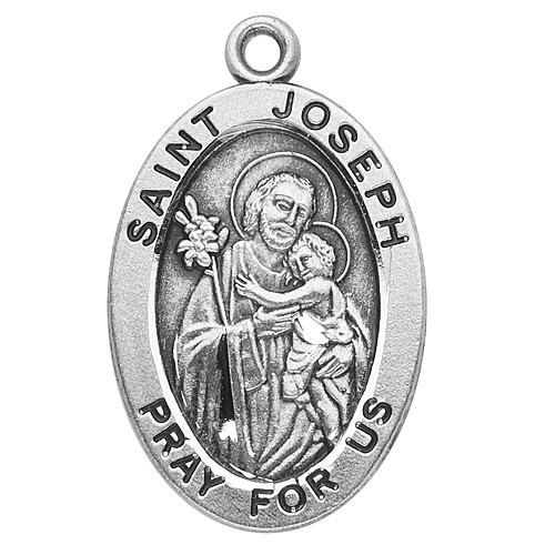 7/8" sterling silver oval medal with a 20" genuine rhodium plated chain. Comes in a deluxe velour gift box. Engraving option available.
Patron Saint of Fathers, Carpenters, Real Estate Matters and Home Sales.