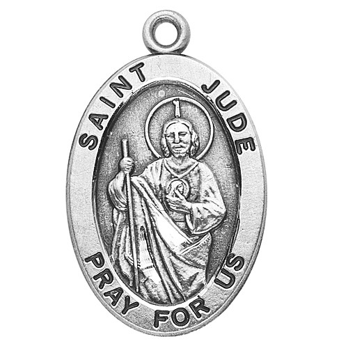 Sterling silver oval St Jude Medal with a 20" genuine rhodium plated chain. Dimensions: 0.9" x 0.6" (22mm x 14mm). Weight of medal: 1.9 Grams. Medal comes in a deluxe velour gift box. Made in the USA. Engraving option available Patron Saint of Desperate Causes, Hospitals, Forgotten Causes, Impossible Causes.