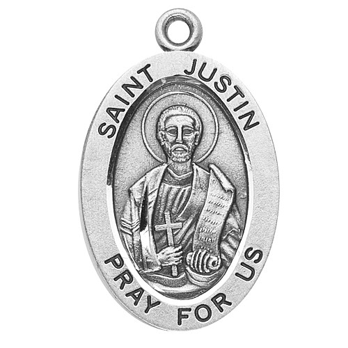 7/8" oval sterling silver  medal with a 20" genuine rhodium plated chain.  Dimensions: 0.9" x 0.6" (22mm x 14mm).  Weight of medal: 1.9 Grams. Comes in a deluxe velour gift box. Engraving option available.
Patron Saint of Philosphers